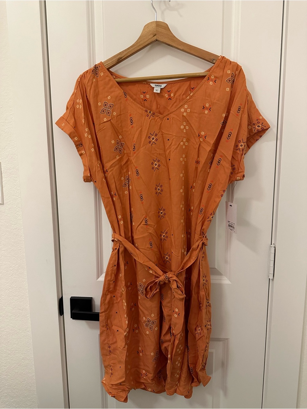 Burnt Orange Tie-Waist Midi Dress with Short Sleeves - Picture 1 of 7